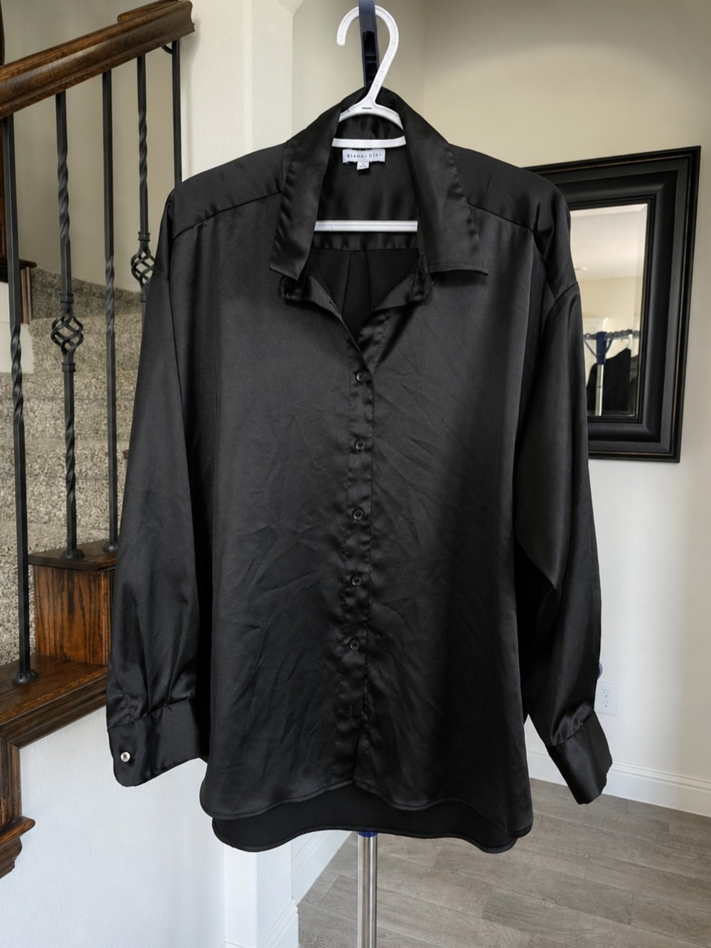 Gianni Bini Black Satin Button Down Blouse Size Large
